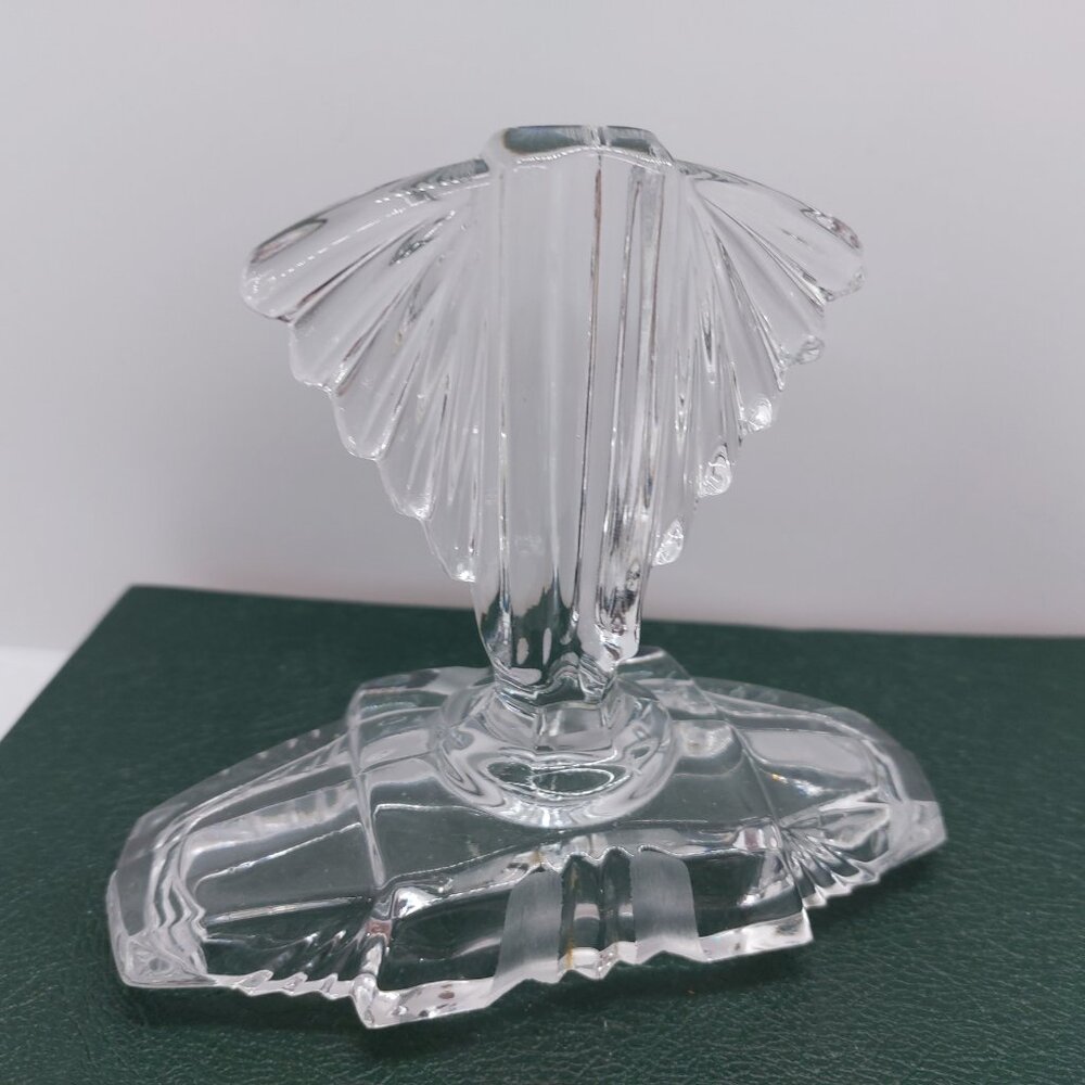 Vintage Art Glass Clear Glass Trinket Pot Fan Shape Lid Vanity Dressing Table - Picture 6 of 16